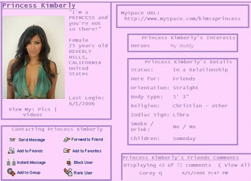 Страница 25-летней Ким Кардашян в Сети MySpace «взорвала» Сеть 